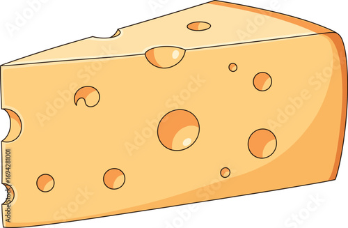 Swiss cheese wedge vector illustration showing yellow-orange block with holes, shading, and cartoon-style texture for food and dairy design