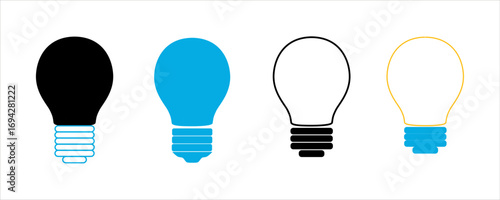 Modern vector set of colorful light bulb icons in flat and outline styles. Includes black, blue, and yellow combinations. Ideal for ideas, electricity, creativity, and innovation design concepts.