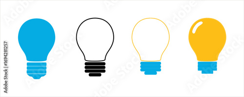 Collection of colorful light bulb icons in flat, outline, and filled styles. Includes black, blue, yellow variants. Ideal for energy, electricity, innovation, creativity, and technology concepts.