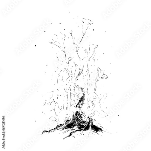 Illustration of a plant with flowers and roots in black and white with scattered dots and lines art style