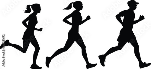 Running man and woman silhouettes vector set illustration. Male and female runners figure shapes vector.
