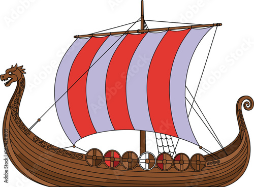 Viking longship vector illustration featuring dragon prow, striped sail, shields, wooden hull, and maritime design for history and exploration themes