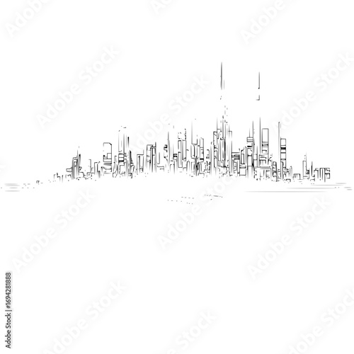 Abstract cityscape skyline with tall buildings and skyscrapers rendered in black and white outline style art