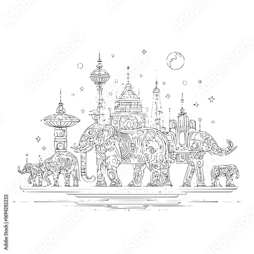 Line drawing of elephants with building structures on their backs under a celestial sky landscape