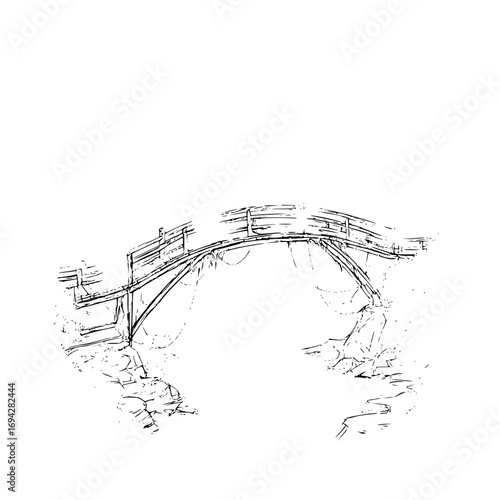Sketch of an arched bridge with wooden railing spanning a gap between rocky banks in black and white