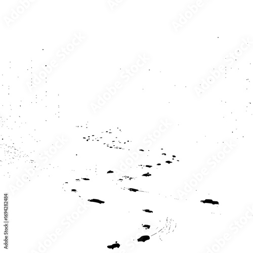Footprints in the snow creating a path across a white field with scattered dark spots and light texture