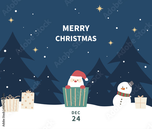 Christmas illustration card template with santa and gift boxes.