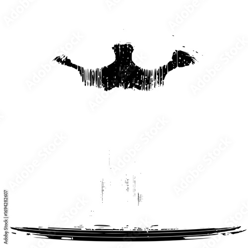 Abstract figure with outstretched arms above a horizon line in a black and white grunge style image
