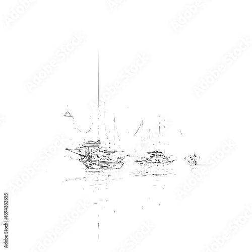 Outlined drawing of several boats with tall masts on the water in a minimalist style black and white sketch