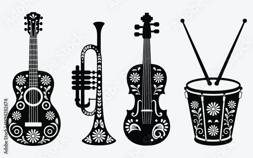 Day of the dead inspired musical instruments silhouette with floral patterns