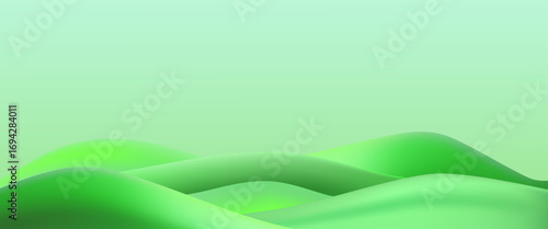 3D  landscape with green hills, mountains, and a textured grass field creates a playful eco friendly park scene.
