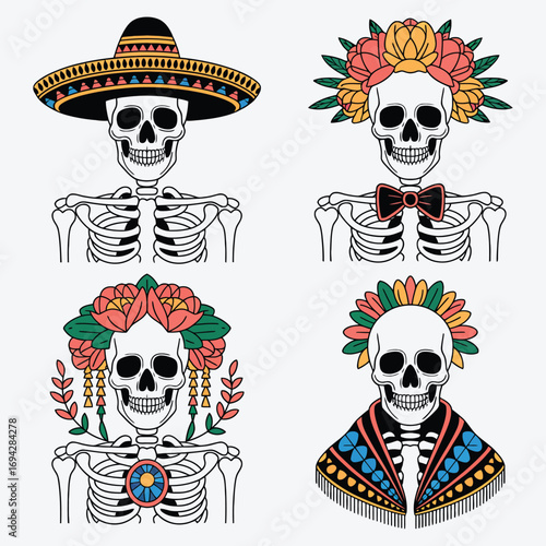 Day of the dead skeletons decorated with flowers and traditional mexican hat