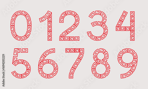 Stylized 0–9 numbers designed with red maze-like oriental borders. Ideal for posters, invitations, cultural projects, and creative festive design themes.