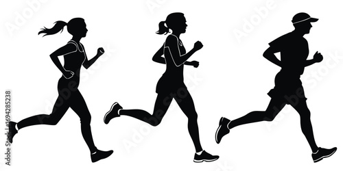 Running man and woman silhouettes vector set illustration. Male and female runners figure shapes vector.