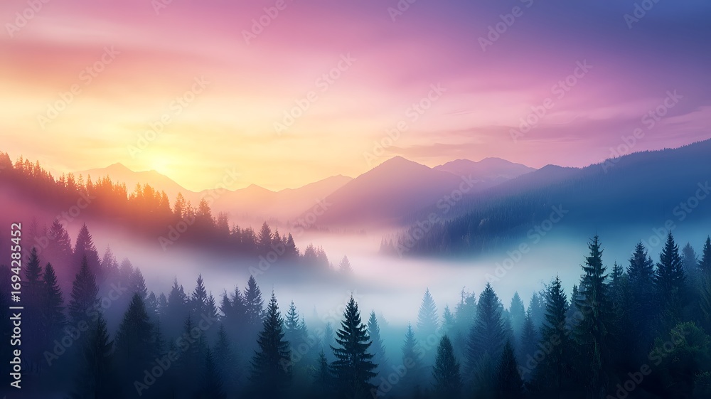 Obraz premium Misty Mountain Sunrise: Serene Pine Forest Landscape at Dawn