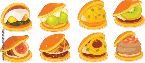 Set of Colorful Dorayaki Desserts Vector Illustration with Various Fruit and Cream Fillings
