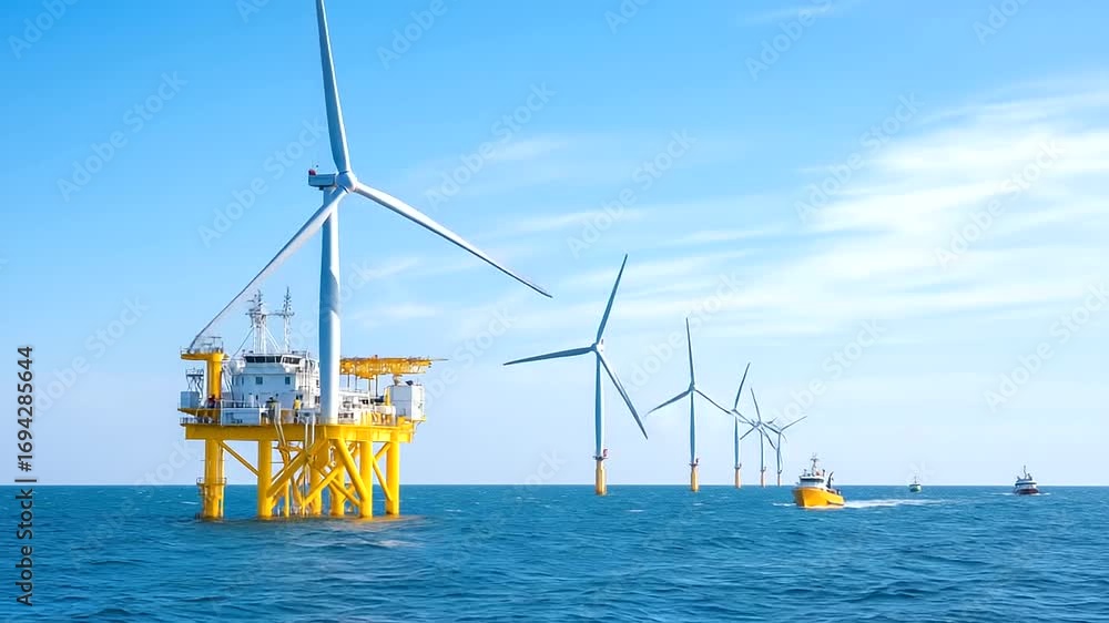 Offshore wind farm platform with massive turbines rising from ocean ...