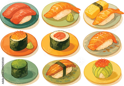 Vector Illustration Colorful Sushi Assortment Illustration with Nigiri, Maki, and Gunkan on Plates Set