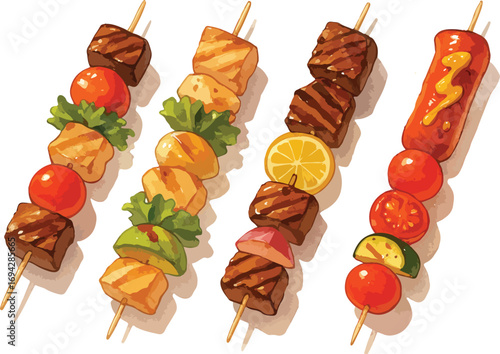 Set of Grilled Skewers with Meat, Vegetables, and Sausages Vector Illustration on White Background
