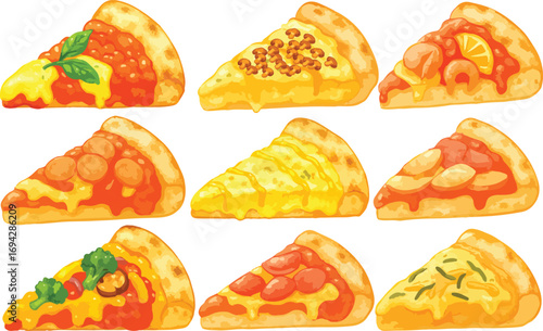Vector Illustration of Various Pizza Slices with Toppings Set