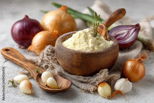 Wooden bowl of onion powder surrounded by various onions