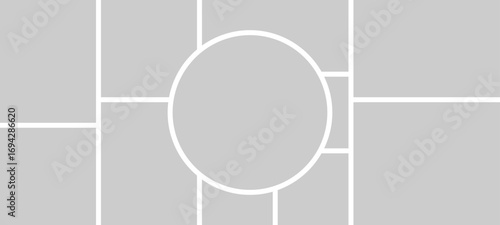 Photo or pictures collage with bento grid and circle layout on a ultra-wide background ratio