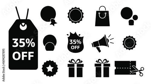 Sale and Discount Icons Featuring Price Tags, Gifts, and Banners in Black Silhouette Style