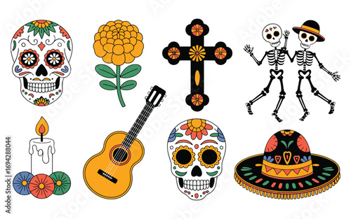 Dia de los muertos sugar skulls guitar candle cross skeletons and sombrero illustration