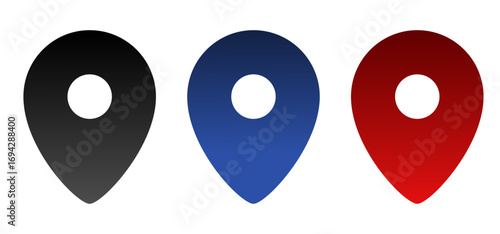 Vector illustration of three map location pins in black, blue, and red, arranged horizontally. Minimalist teardrop design with central cutout, ideal for UI, navigation, GPS, and geolocation themes.