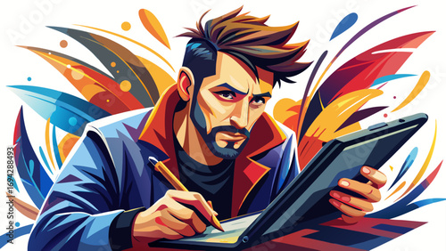 Close-up portrait of male graphic designer using digital pen on tablet. Isolated white background conveys artistic vision, modern skills, and creativity.