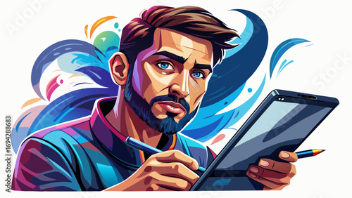 Close-up portrait of male graphic designer using digital pen on tablet. Isolated white background conveys artistic vision, modern skills, and creativity.