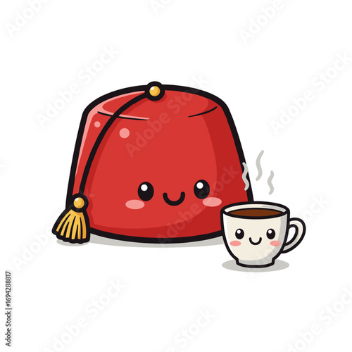 Cute red fez with smiling coffee cup on white background, concept of creatine supplement  