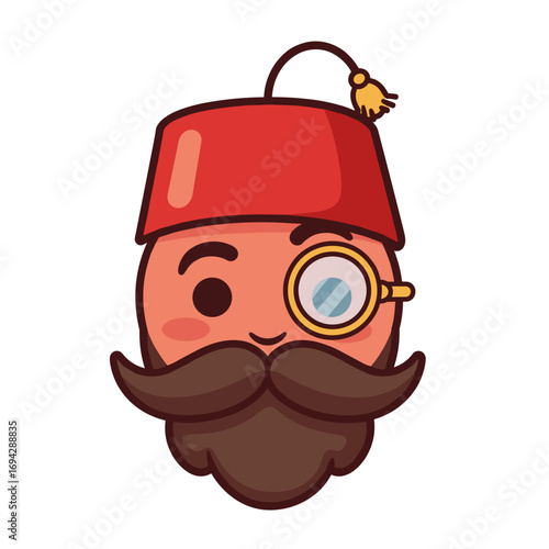 Cartoon character with a red fez and monocle smiling  