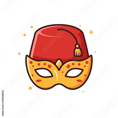 Colorful masquerade mask with red fez and decorative design  