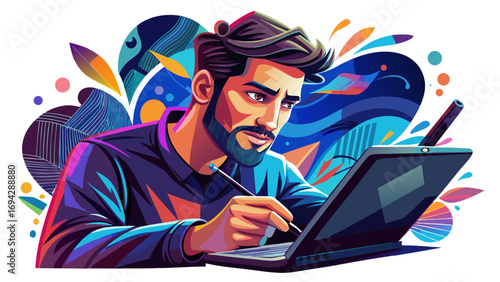 Close-up portrait of male graphic designer using digital pen on tablet. Isolated white background conveys artistic vision, modern skills, and creativity.