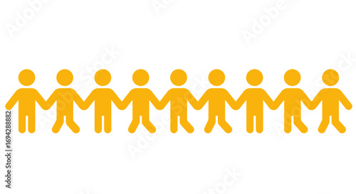 Group of yellow paper cutout people holding hands in a line  