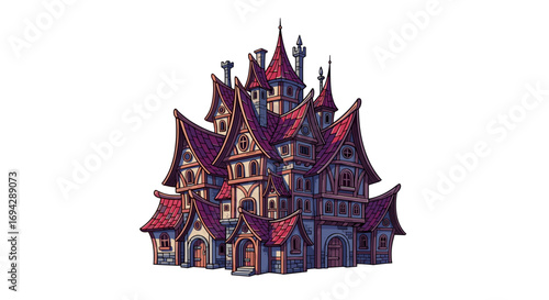 Illustration of a tall detailed house with red roofs and towers