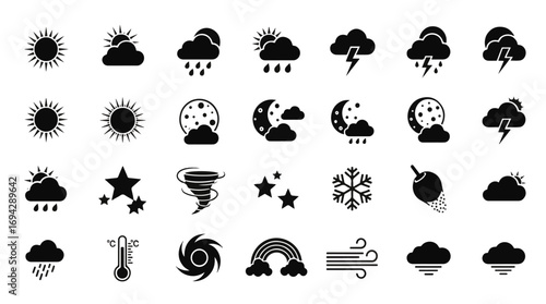 Weather Icons Set – Vector Silhouettes of Sun, Clouds, Rain, Snow, Lightning, Thermometer, and Wind for Climate and Forecast Designs