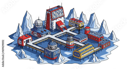 Isometric view of a city on ice with buildings and walkways