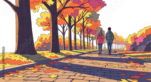 Couple walking on a path with autumn trees on either side