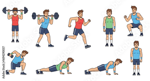fitness man character vector illustration, young man in sportswear, multiple workout poses and exercises, modern clean style, white background.