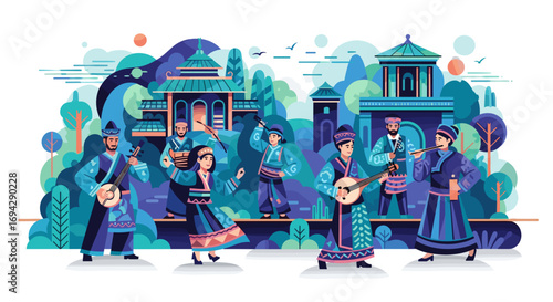 Group of musicians performing in traditional clothing outdoors