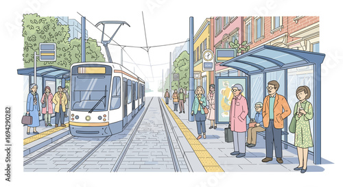 People waiting at a tram stop with a tram approaching station