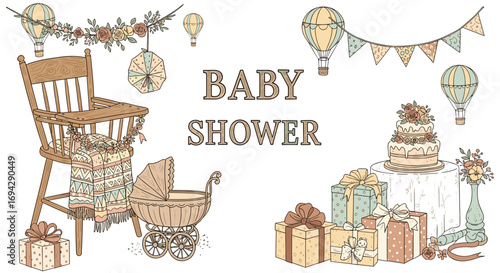 Illustration of baby shower decorations and baby furniture