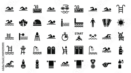 Swimming and Pool Icons – Vector Silhouettes of Swimmers, Pools, Ladders, Goggles, and Water Sports for Fitness and Recreation Designs