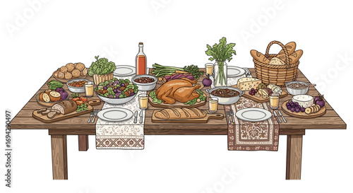 Thanksgiving feast laid out on a wooden table with many dishes
