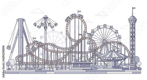 A detailed line drawing of a carnival amusement park scene