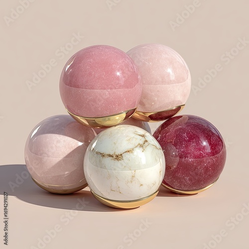 Stacked spheres of varying pink and white tones, gold accents