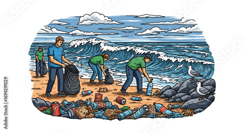 Volunteers cleaning up trash on a polluted beach scene art