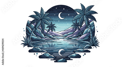 Palm trees and moonlit water landscape vector illustration